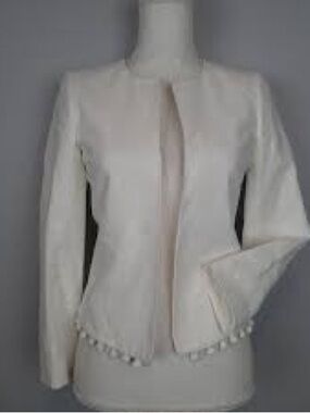 J. Crew Cream Open-Front Tailored Jacket with Pom Hem